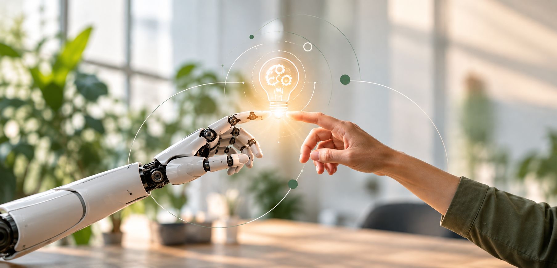 Eine Roboterhand und eine menschliche Hand berühren sich unter einer leuchtenden Glühbirne – Symbol für das Zusammenspiel von Mensch und KI