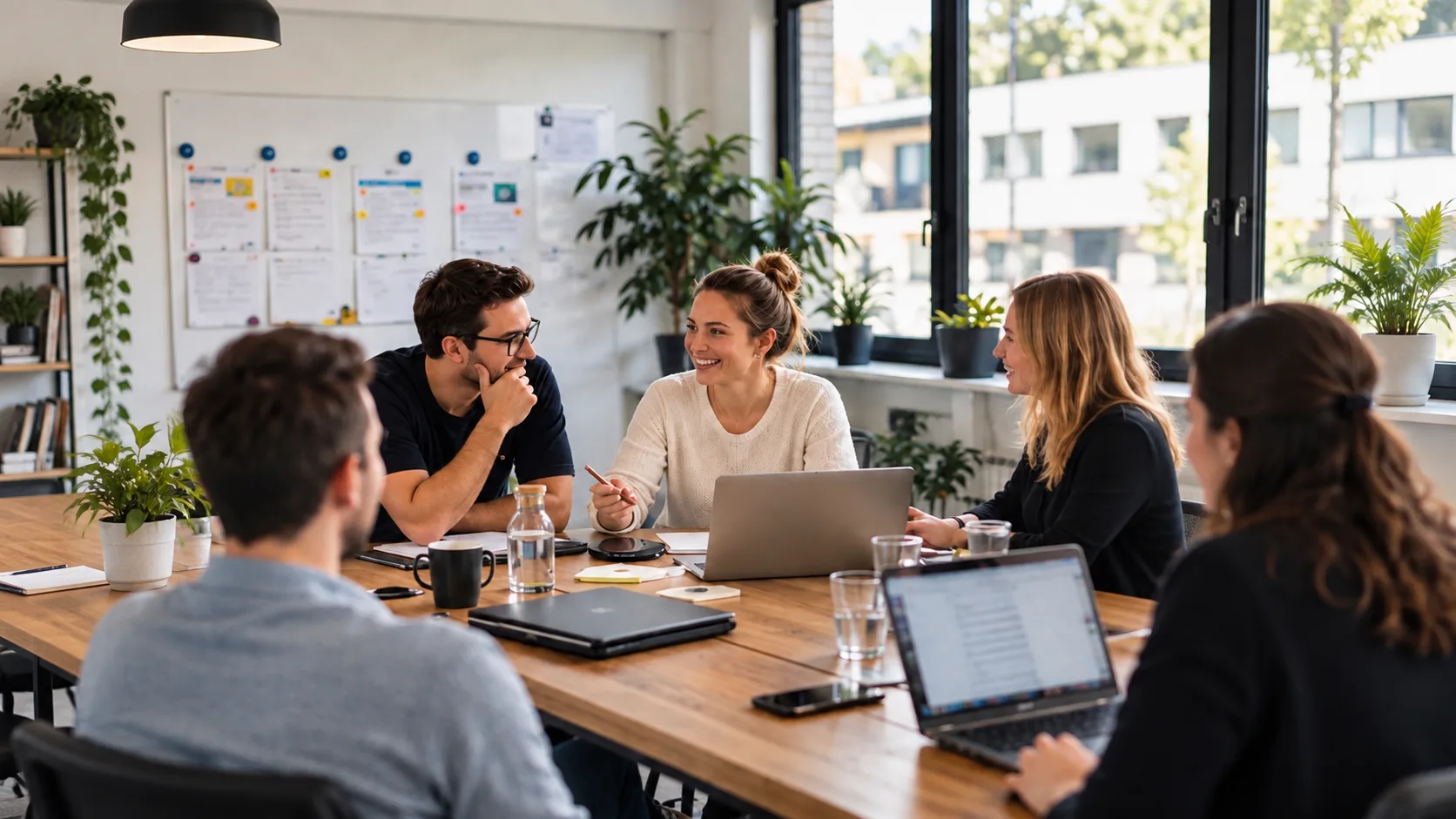 Ein Team sitzt am Besprechungstisch und tauscht sich gut gelaunt aus