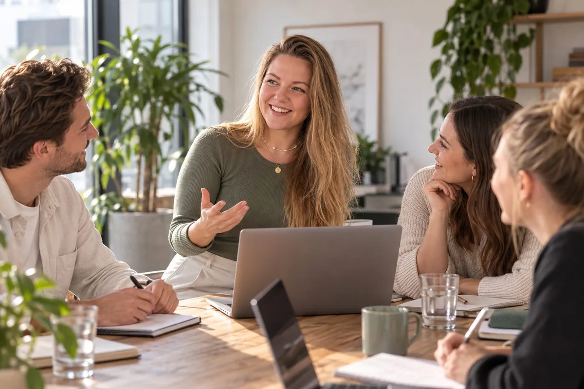 Jana Bursy moderiert eine Teamrunde am Besprechungstisch, das Team hört zu und arbeitet mit